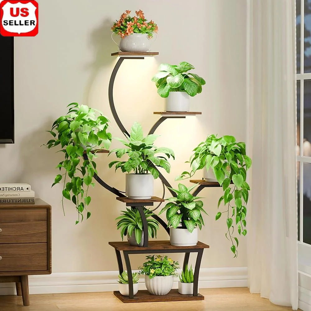 7 Tiered Indoor Plant Stand with Full-Spectrum Grow Lights Space Saving Corner Shelf Flower Display Home Office