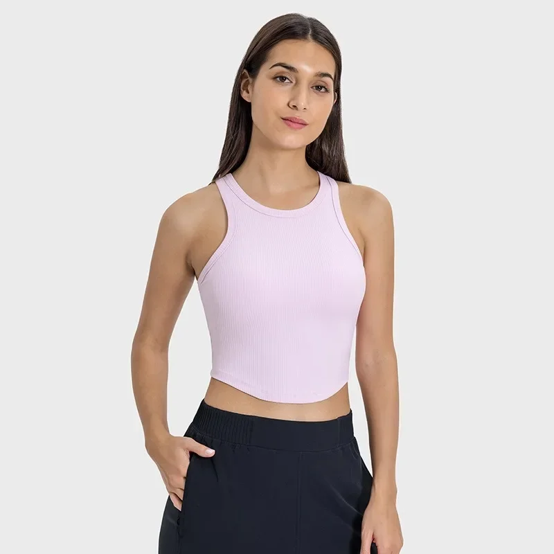 Limón ajustado parte de atrás bonita para mujer, chaleco de Yoga para gimnasio, deporte, sin fugas, ombligo, tejido acanalado, camiseta sin mangas para correr, sujetador femenino sin almohadilla de sujetador