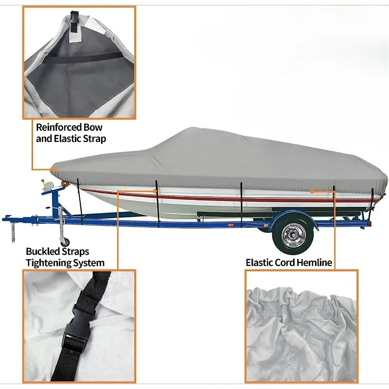 600D 10-24FT V-Trailer Boat Cover Outdoor Oxford Cloth Rainproof Anti-UV Dust Cover Marine Trailerable Canvas Boat Accessories