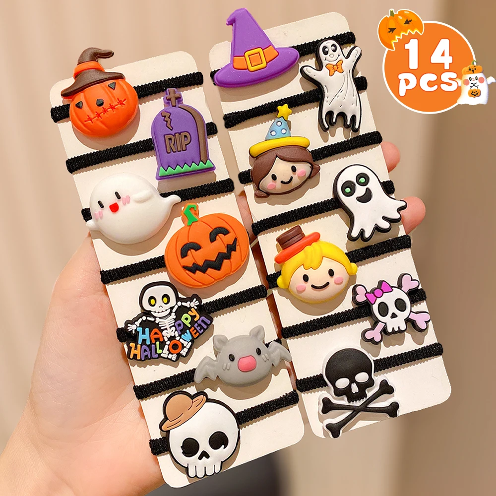 14er-Pack Halloween-Mode-Haargummis, mehrfarbig, Geister-Skelett-Design, süße Mädchen, Halloween-Geschenk, Haarbänder, Zubehör – Detail 1