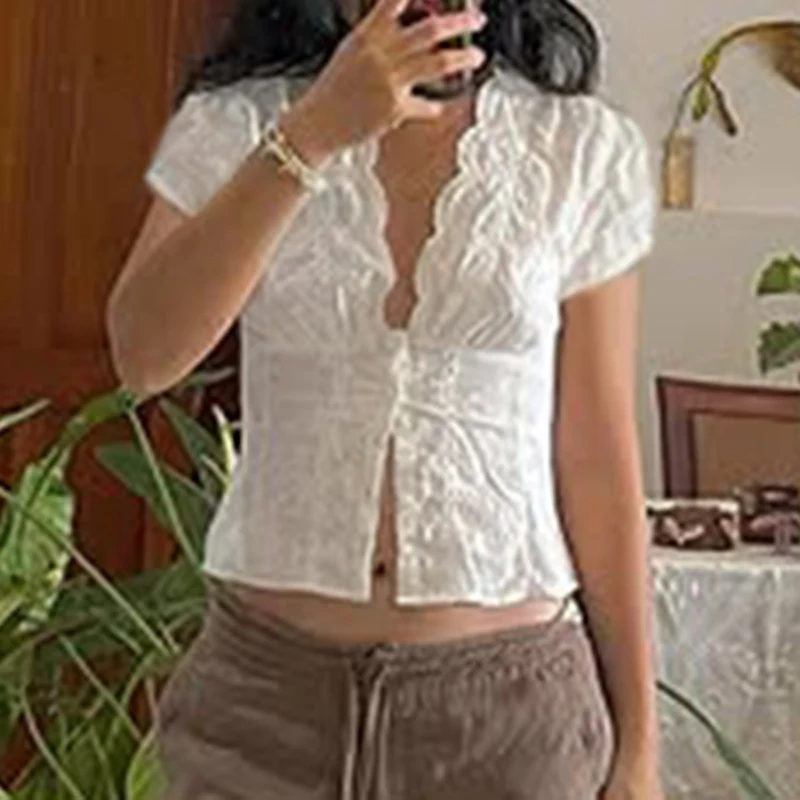 

Darlingaga Y2K Bow Textured Waist Cinching Shirts Women Summer Puff Sleeve V-Neck Cardigan Tops Cutecore Button-Fly Girls Blouse