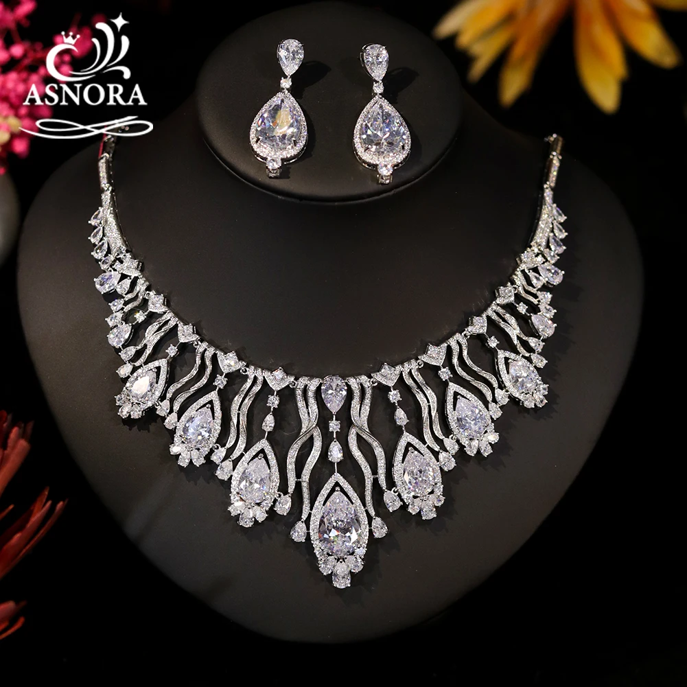 

ASNORA Super Luxury Big Water Drop White and Blue Colors CZ Wedding Bridal Necklace Earring 2pcs Dubai Jewelry Set for Women