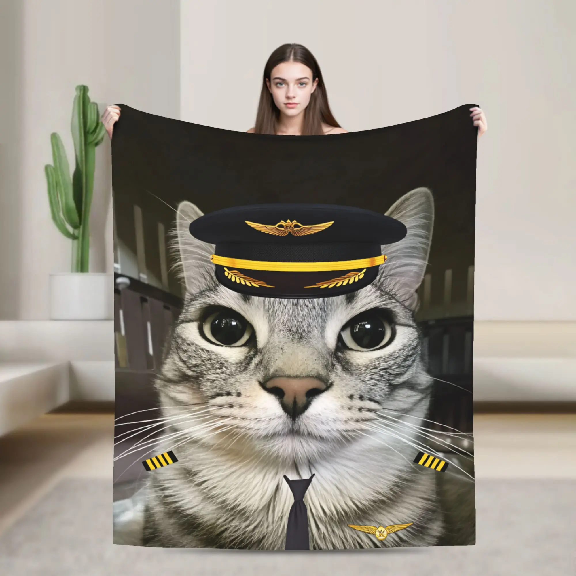 Funny Airline Captain Cat Soft Blanket For Sofa Home  Aesthetic Throw Blanket Winter Camping Flannel Bedspread