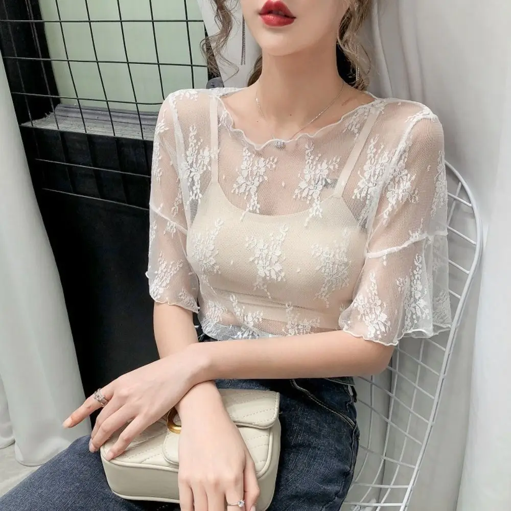 New Chiffon with Hollow Out Lace Backing Shirt See Through Short Sleeve Half Sleeve Blouse Mesh Top Summer - Image 5