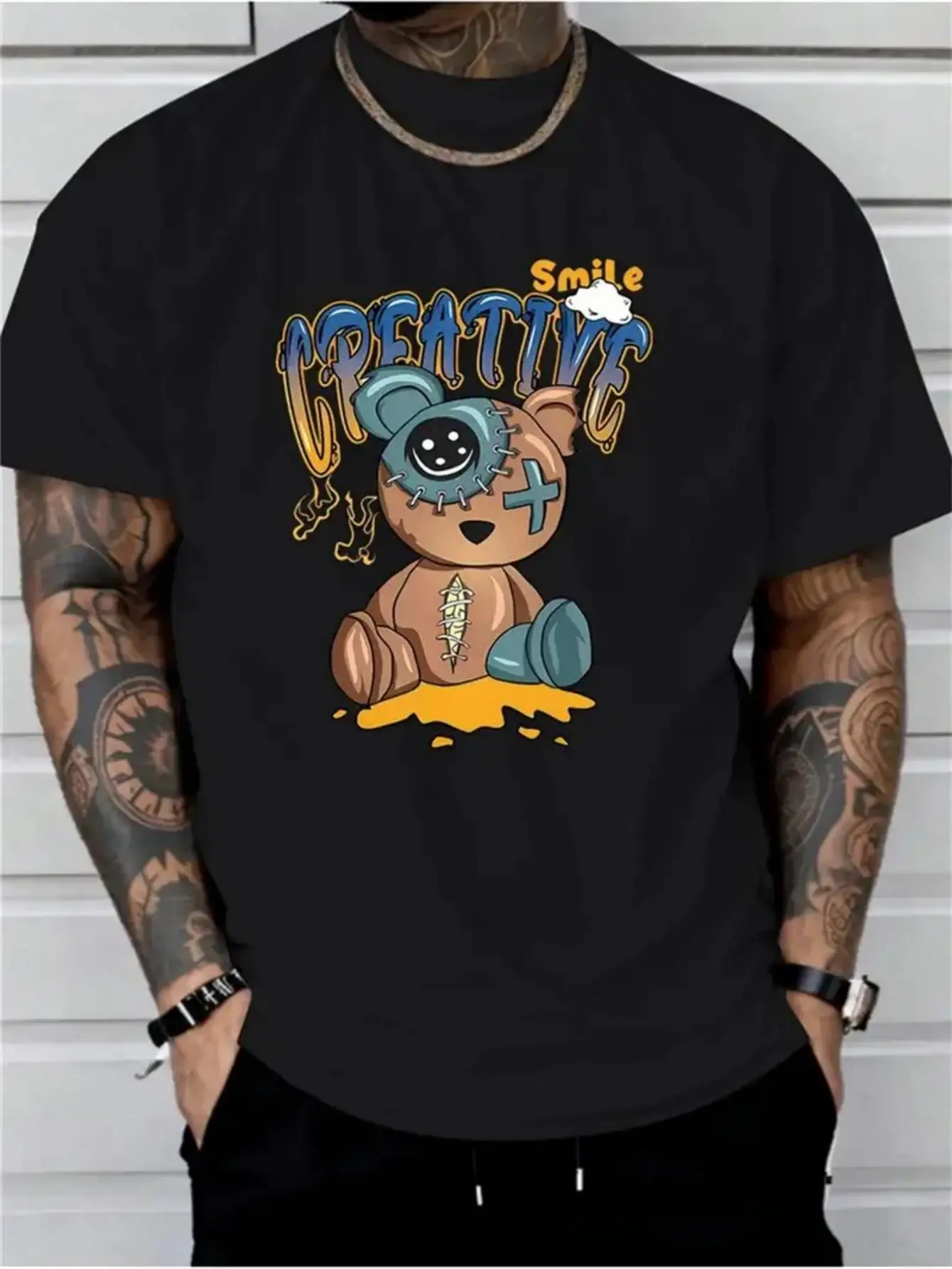 Men'S Black Tee Featuring a CREATIVE Graphic Bear Design - Casual Short Sleeve, Regular Fit, Suitable for All Seasons, Bear Illustration with Crossed Arms & Yellow Highlights, Unique T-Shirt