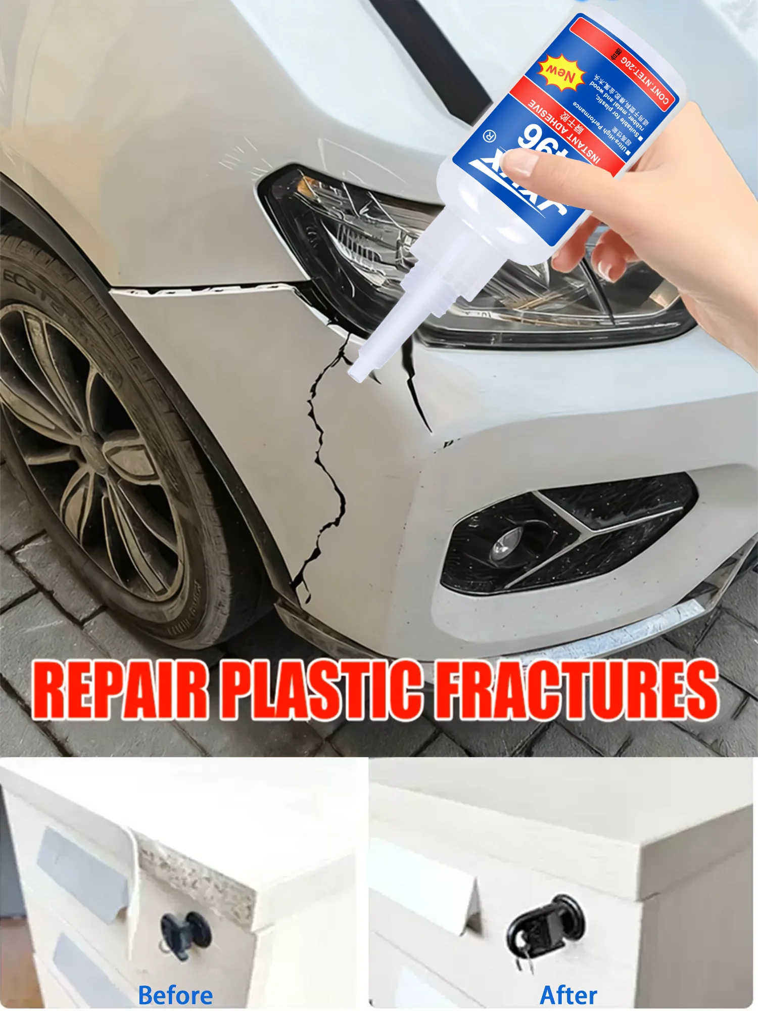 JXVX 496 Superkleber, universeller starker Reparaturkleber, Autoreparatur für Stoßstangen, Rückspiegelbasis, Reparatur von Beschädigungen und Rissen, Autokarosserie, Kunststoff. – Detail 2
