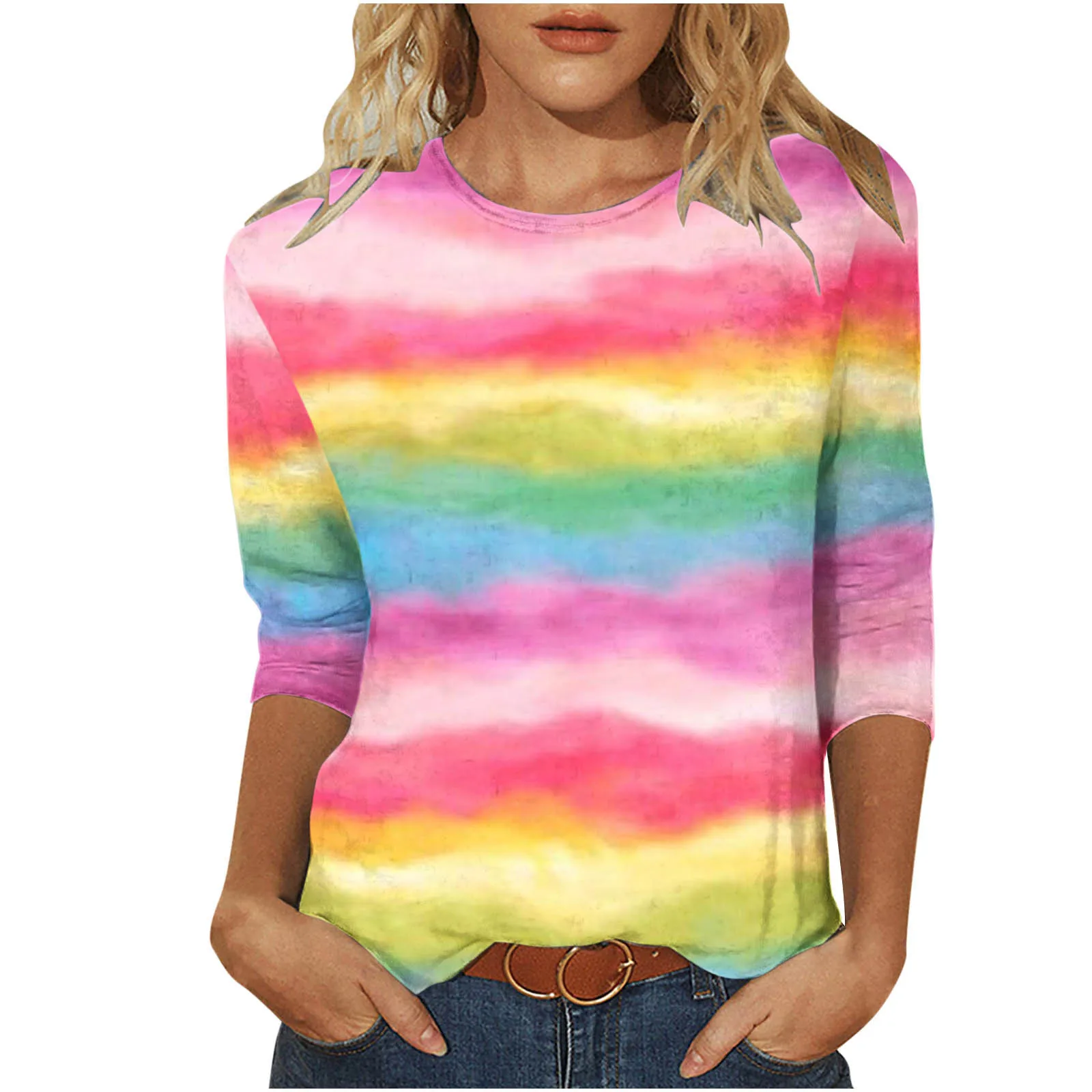 Rainbow Striped Foreign Trade Top 2024 Spring And Summer New Round Neck Seven Quarter Sleeve WholesaleWA21