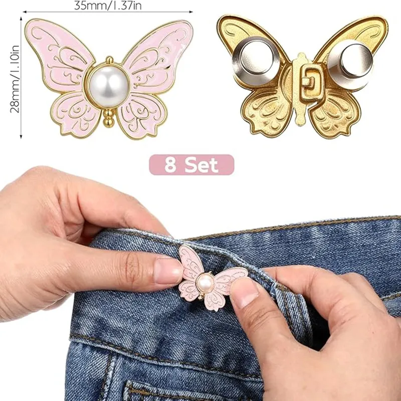 8 Pcs Waist Clip, Pant Waist Tightener, Retro Butterfly Pants Waists Tightener, Adjustable Jeans Button Pin Pant Clips, Detachab