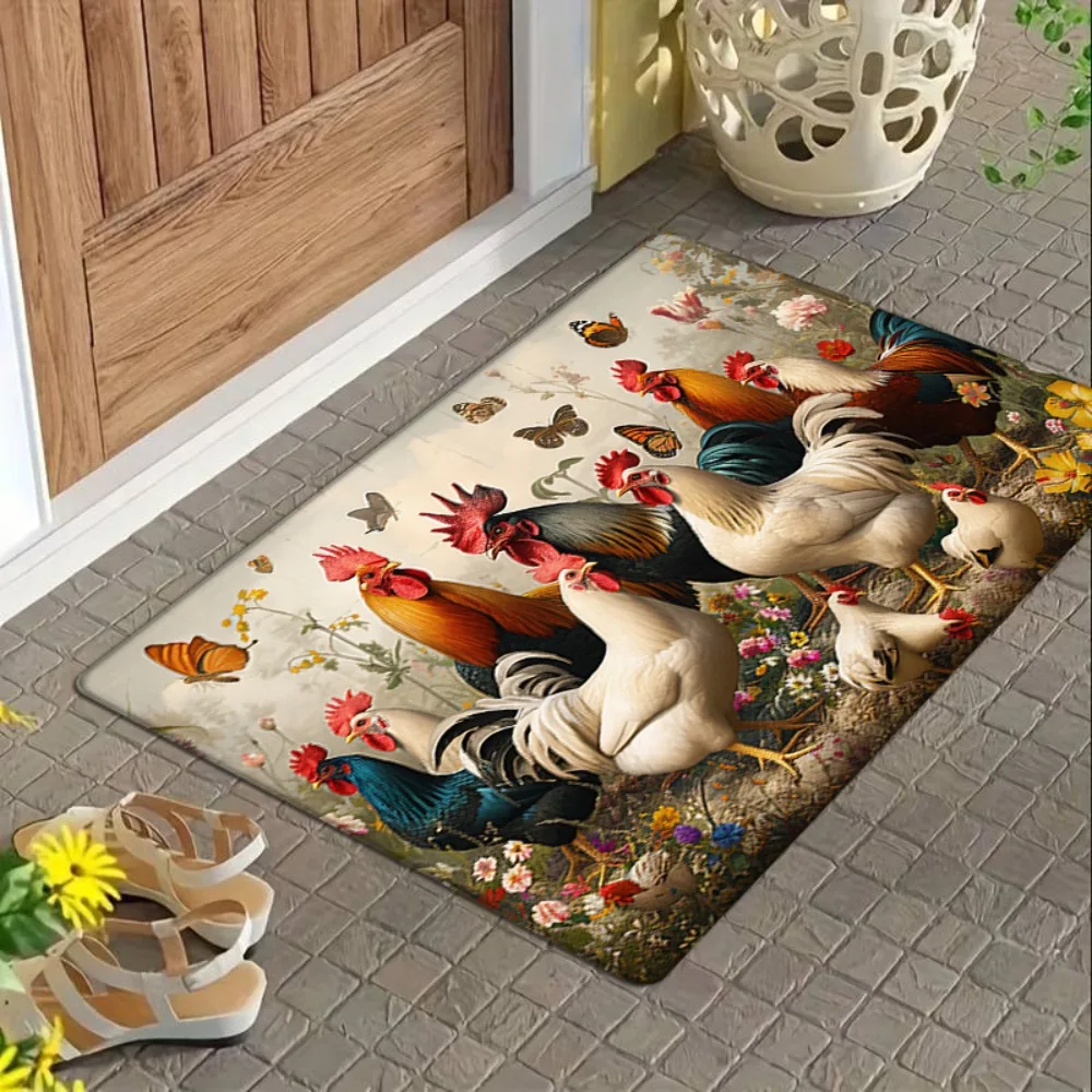 1 قطعة سجادة باب على شكل دجاج المزرعة، بوليستر غير قابل للانزلاق وقابل للغسل 100%، منسوج مسطح منخفض الكومة، مقاوم للبهتان، مستطيل، ماشي #4