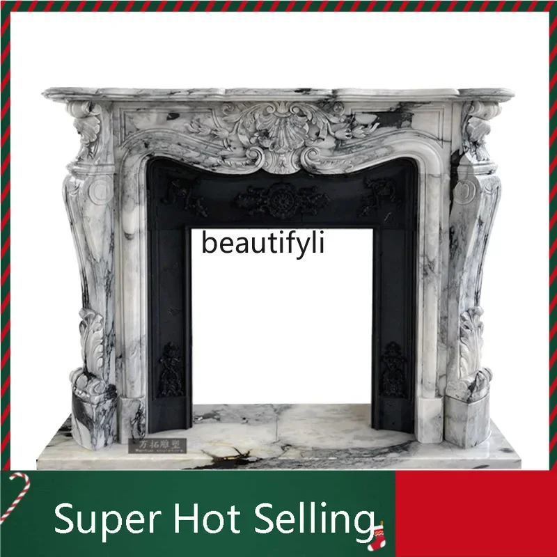

Marble Fireplace Natural Stone Large Flower White American Villa Living Room Decorative Cabinet Fireplace