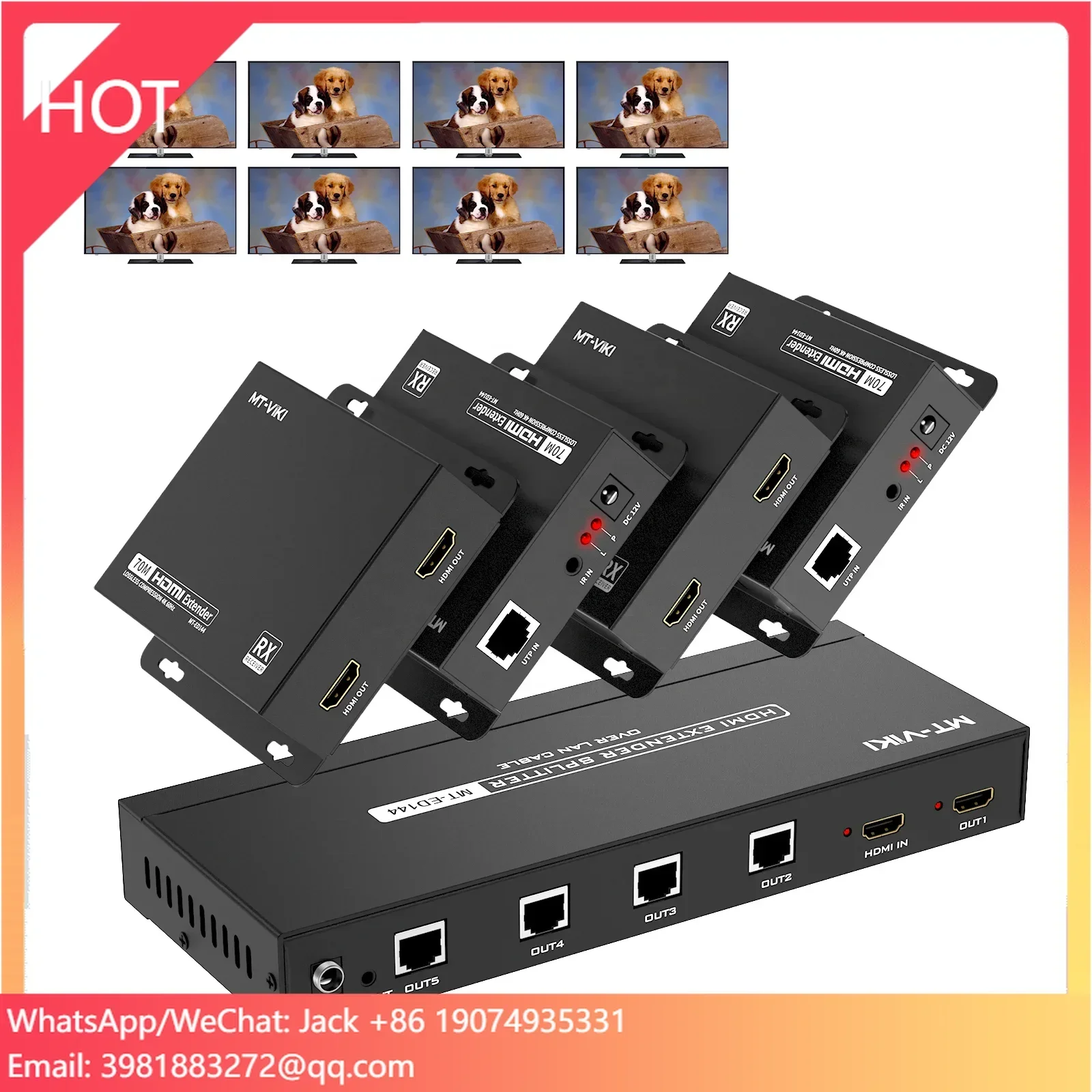 4K 60Hz イーサネット経由エクステンダー/スプリッター 1x4 1x8、MT-VIKI 1入力4出力 スプリッター/エクステンダー Cat6経由 POC + ループ 70M
