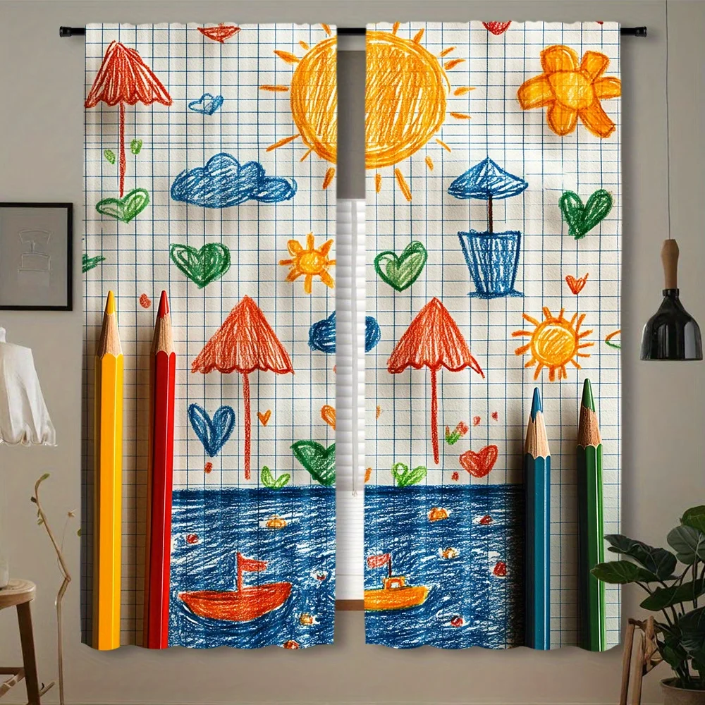 Colorful Crayon Sketch Window Curtain 2 Panels, Cute Pencil Sun Ship Umbrella Print Soft Grid Tone Bedroom Home Decor Curtain
