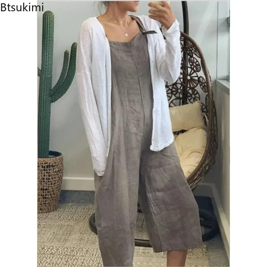 2026 Women's Summer Casual Jumpsuits Solid Color Loose Wide Leg Bib Overalls Sleeveless Straps Rompers for Women Elegant Outfits