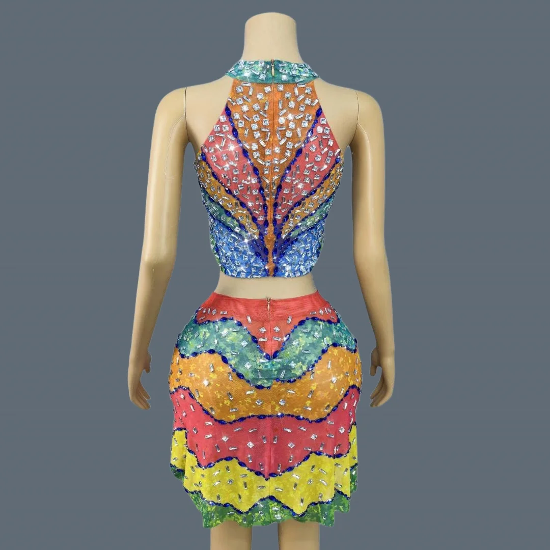 

Colorful Mesh Sparkly Rhinestone Crop Tops Mini Skirt 2Pieces Set Nightclub Party Halloween Christmas Party Outfit Qicaiguang
