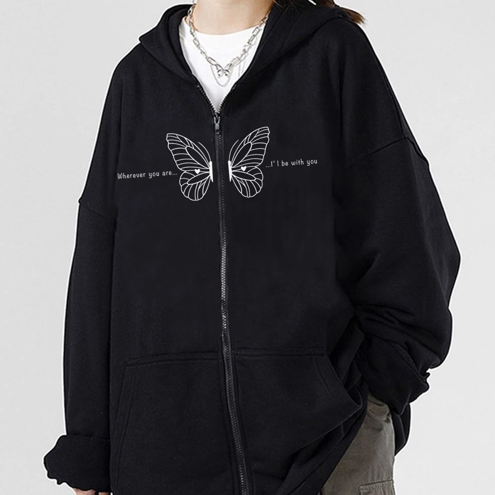 Butterfly Print Y2K Zipper Sweatshirt Vintage Unisex Zip-up Hoodie Harajuku Wherever You Are I'l Be With You Graphic Zip Hoody