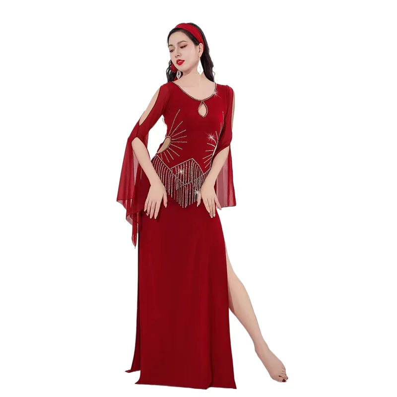 

High-end Rhinestone Belly Dance Practice Clothes Saidi Shaabi Oriental Dance Light Rhinestone Robe Performance Racing Suit