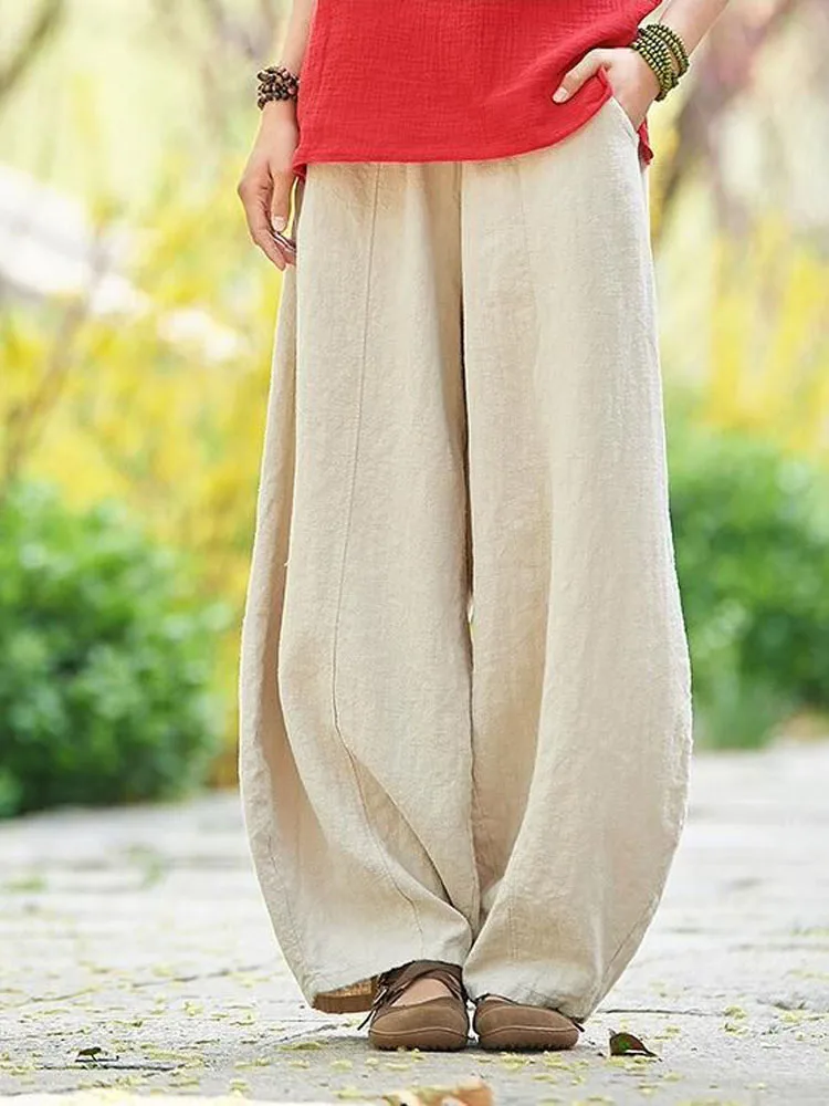 2022 Cotton Linen Bloomers Wide Leg Pants Women Vintage Full Length Fashion Elegent Pants Solid Elasitic Waist Spring Autumn 5XL