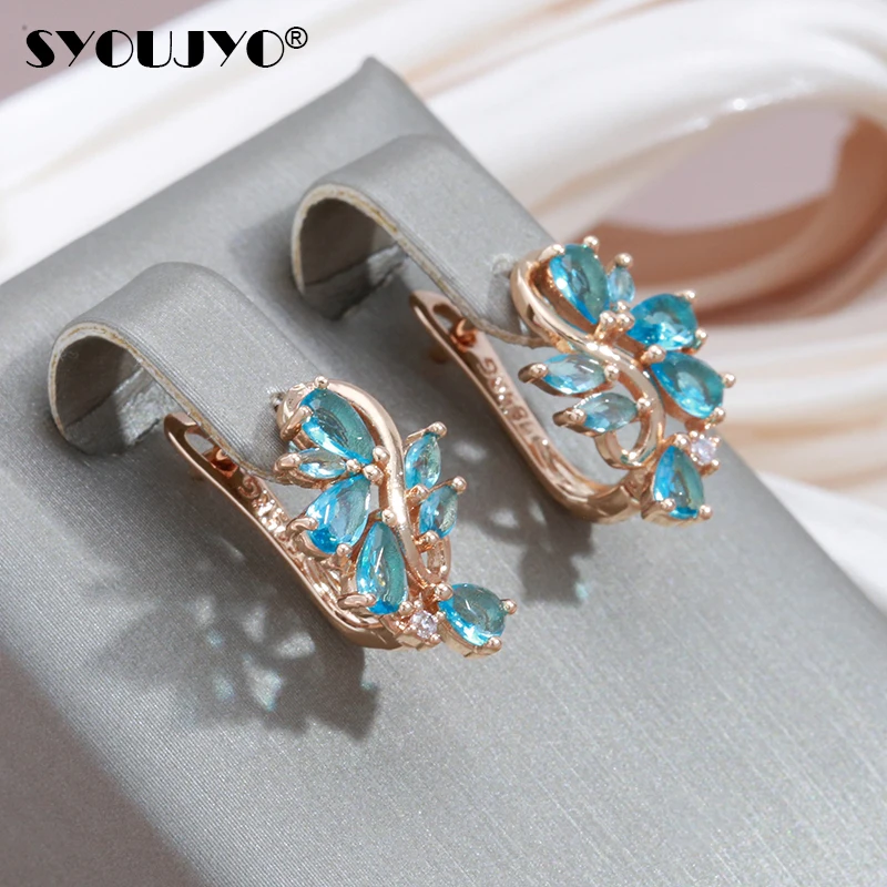 SYOUJYO Blue Crystal Flower English Earring For Women Vintage Trendy Natural Zircon Fine Jewelry 585 Rose Gold Color Earrings
