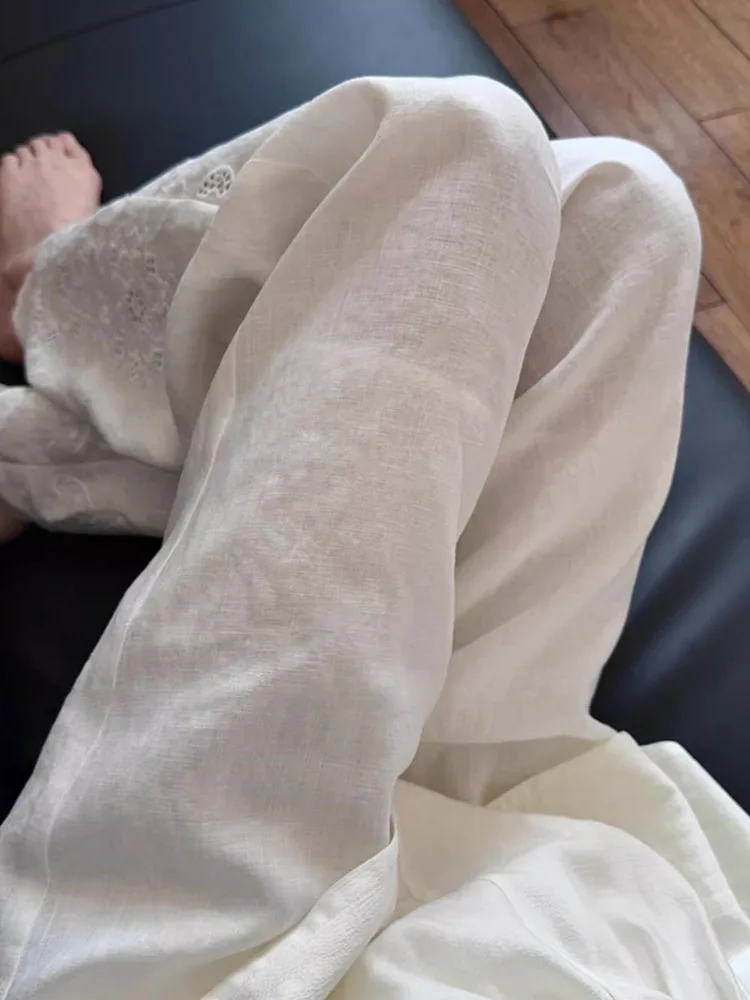 Women Linen Wide Leg Pants White Hollow Lace Embroidery Trousers Casual Loose Straight Long Pants for Summer Daily Wear