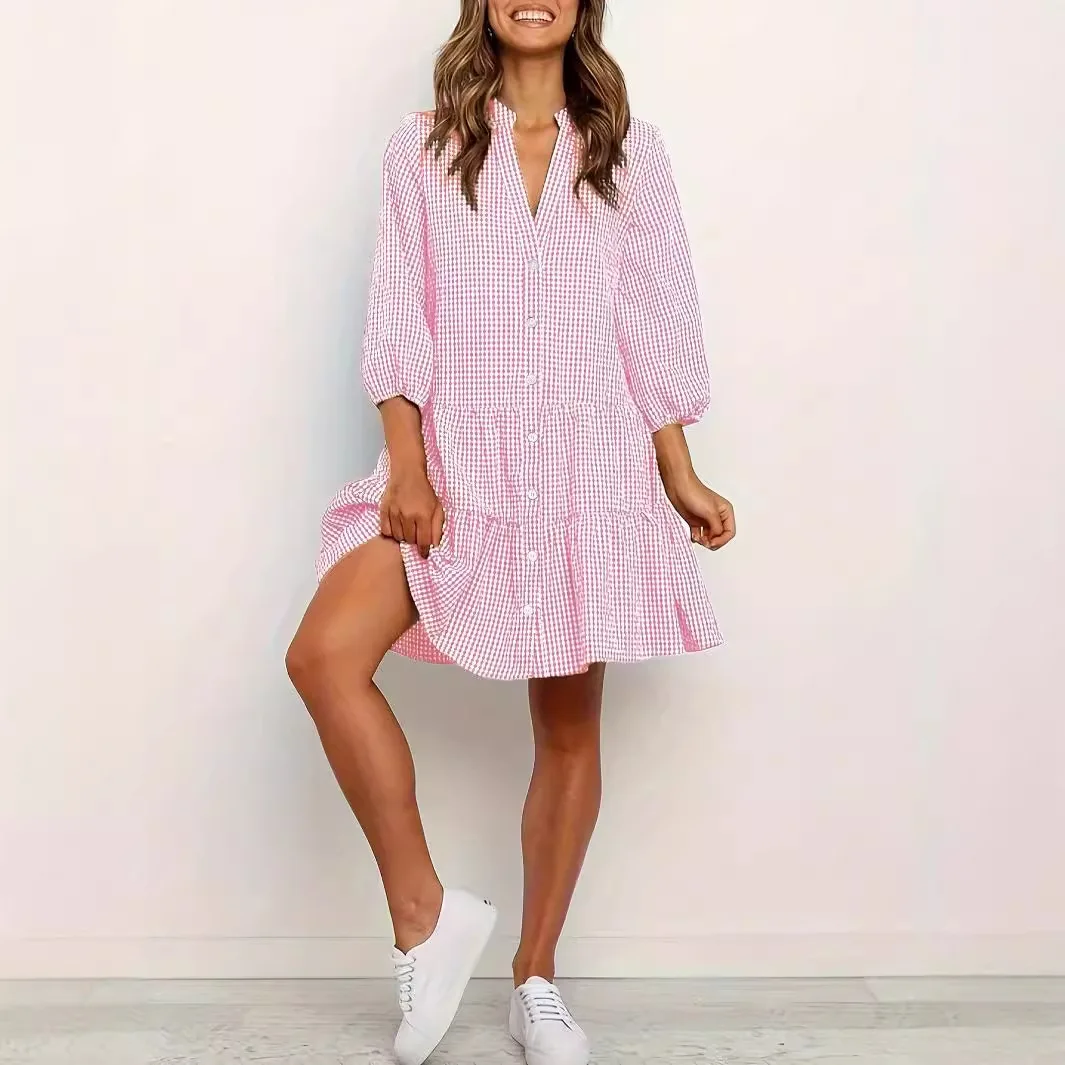 2025 Women\'s Summer Holiday Beach Dress With Half Sleeve V-neck Patchwork Button Front Casual Loose Elegant Female A-line Dress