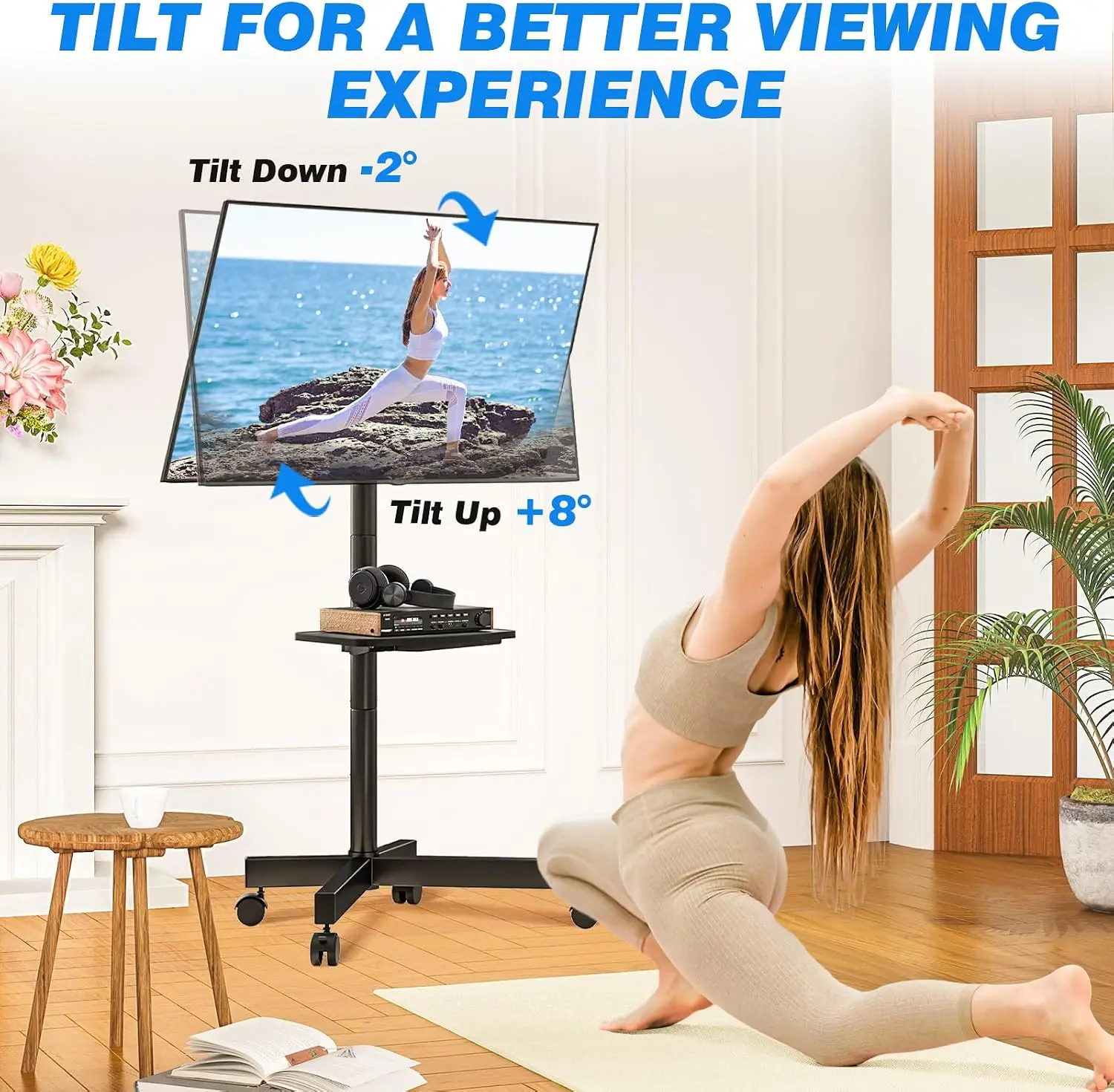 Mobile TV Stand for 23-65 Inch Flat/Curved TVs up to 88 lbs, Rolling Cart with Shelf & Tilt, Portable Floor Stand for Bedroom, Living Room, Office view 4