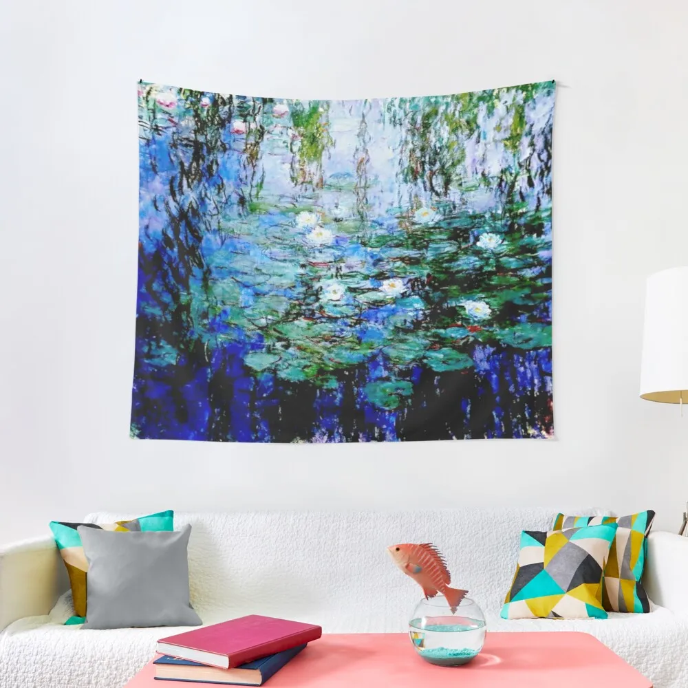 

“Nymphéas Bleus” by Claude Monet - 'Blue Water Lilies' Tapestry Bed Room Decoration Art Mural Wall Hanging Decor Tapestry