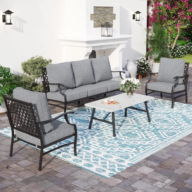 

4 Piece Metal Outdoor Patio Furniture Sets, Patio Conversation Sets 1 3-seater Sofa,2 Fixed Chair with 5.75" Extra Thick Cushion
