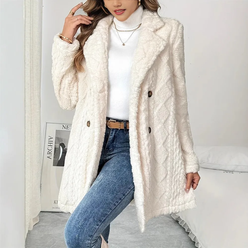 Loose Fit Coat Suit Collar Casual with Business Professional Jacquard Weave Double Breasted Two Button Front Women Autumn Coat