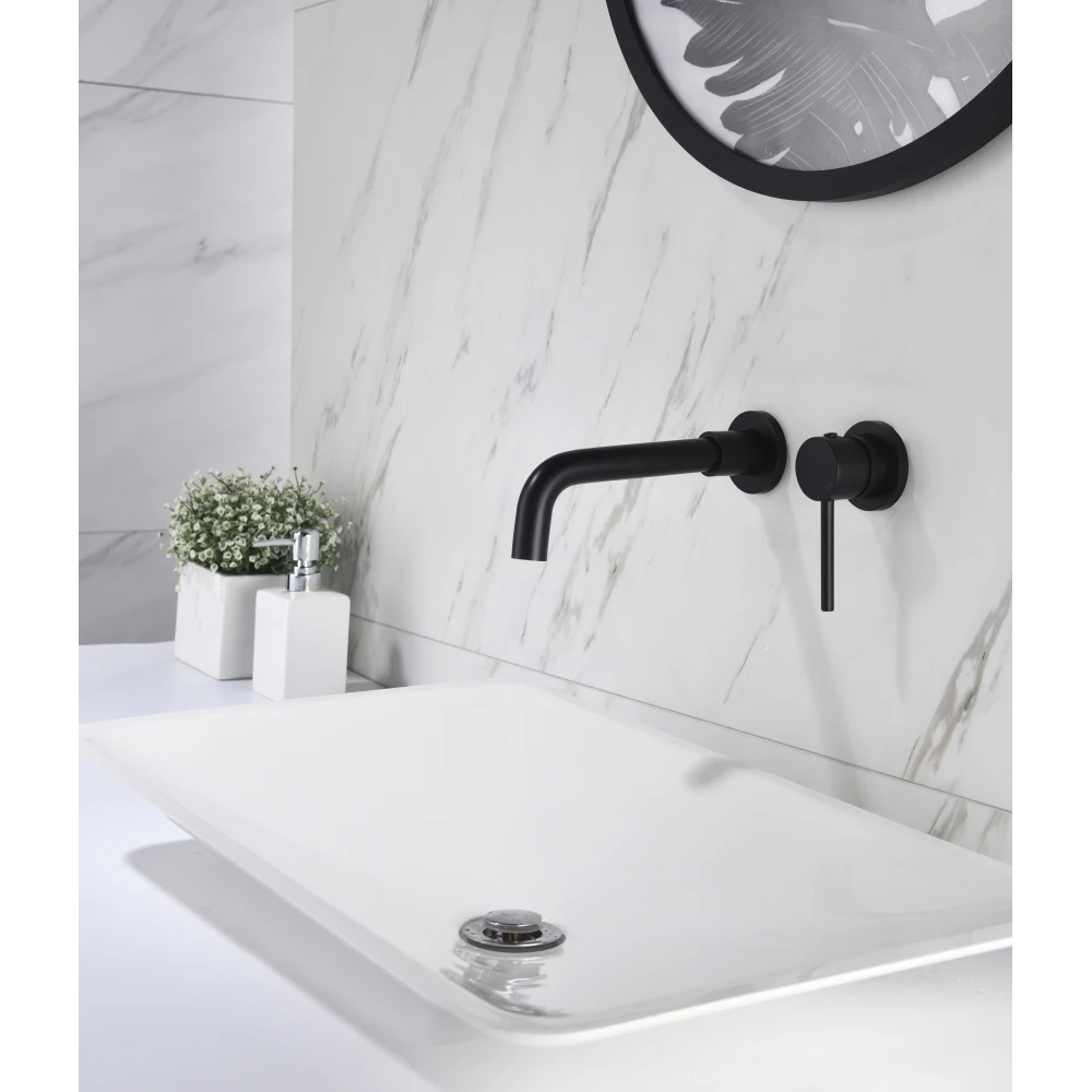 Matte Black Wall Mount Single Handle Bathroom Sink Faucet