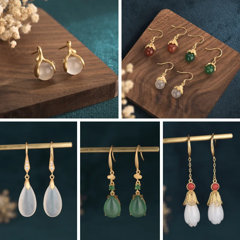 Palace Style Design 925 Silver Needle Inlaid Agate Chalcedony Small Bean Sprout Stud Earring Costume Hanfu Jade Earrings Jewelry