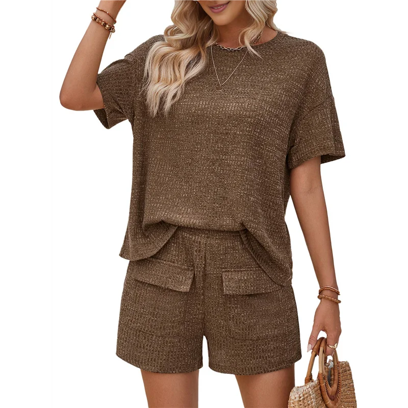 ABRT-Women Matching Shorts Knitted Pockets Sets Fall Round Neck 2 Piece Set Summer Short Sleeve Lounge Sets