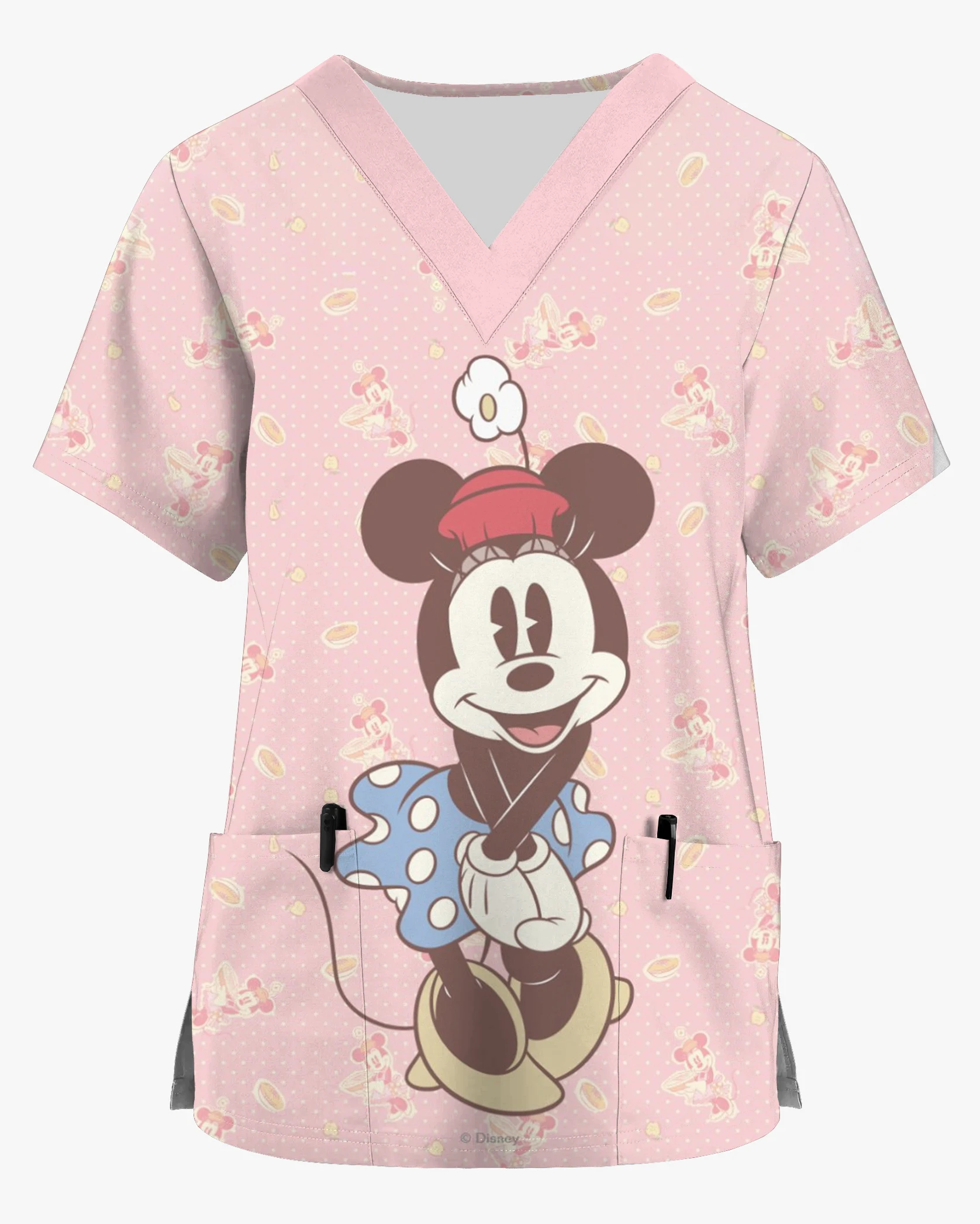 Disney-camisa de bolsillo con estampado de Mickey y Minnie para hombre y mujer, Top de manga corta con cuello en V, uniforme de trabajo para enfermería en casa