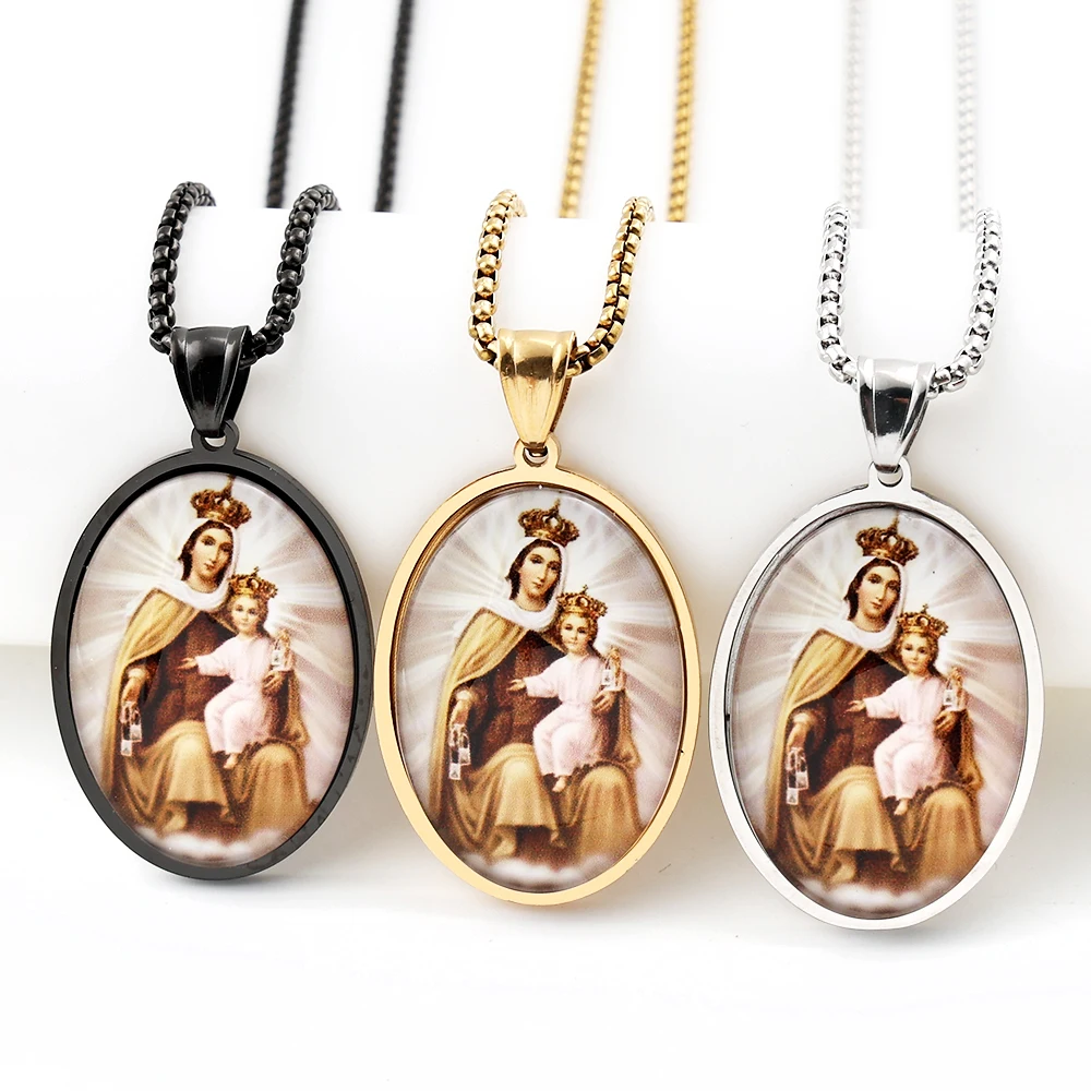 Jungfrau Maria Halten Baby Jesus Glas Anhänger Halskette für Frauen Männer Edelstahl Gold Farbe Katholische Mutter Maria Kette Schmuck