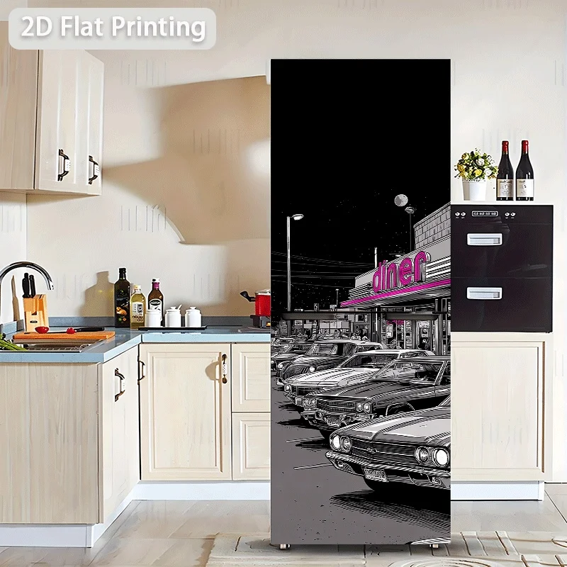 Refrigerator Sticker Old-Fashioned Cars Parked in Front of The Car Restaurant at Night Theme Scene Wall Sticker Decoration Wal