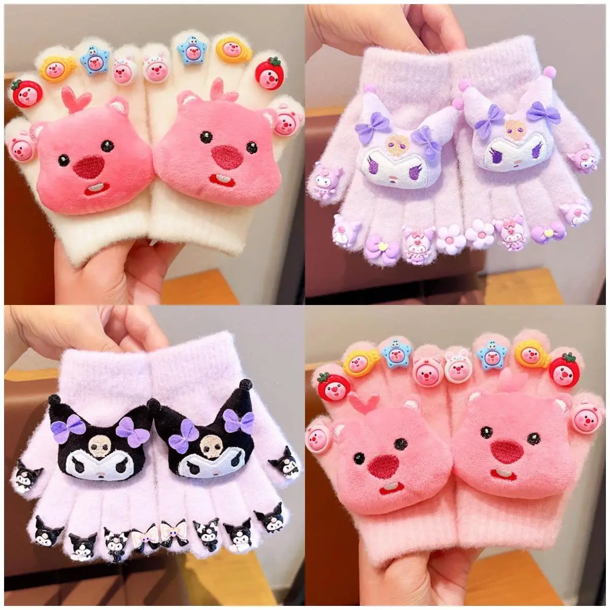 

Sanrio Hello Kitty Kuromi Fashion Plush Knitted Mittens Winter Cold-Proof Warm Children Cartoon Gloves