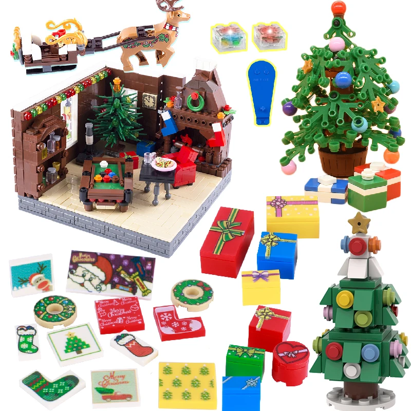 

MOC Custom Gift Box Building Blocks Christmas Tree Printed Tiles Deer House Fireplace Couch Reindeer Cart Bricks Toys Kids Gift