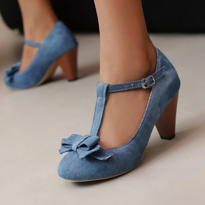 Reave Cat Women Pumps Pointed Toe 7.5cm Spike Heel Fabric Big Bow T- Strap Fashion Design Party Office Big Size 46 47
