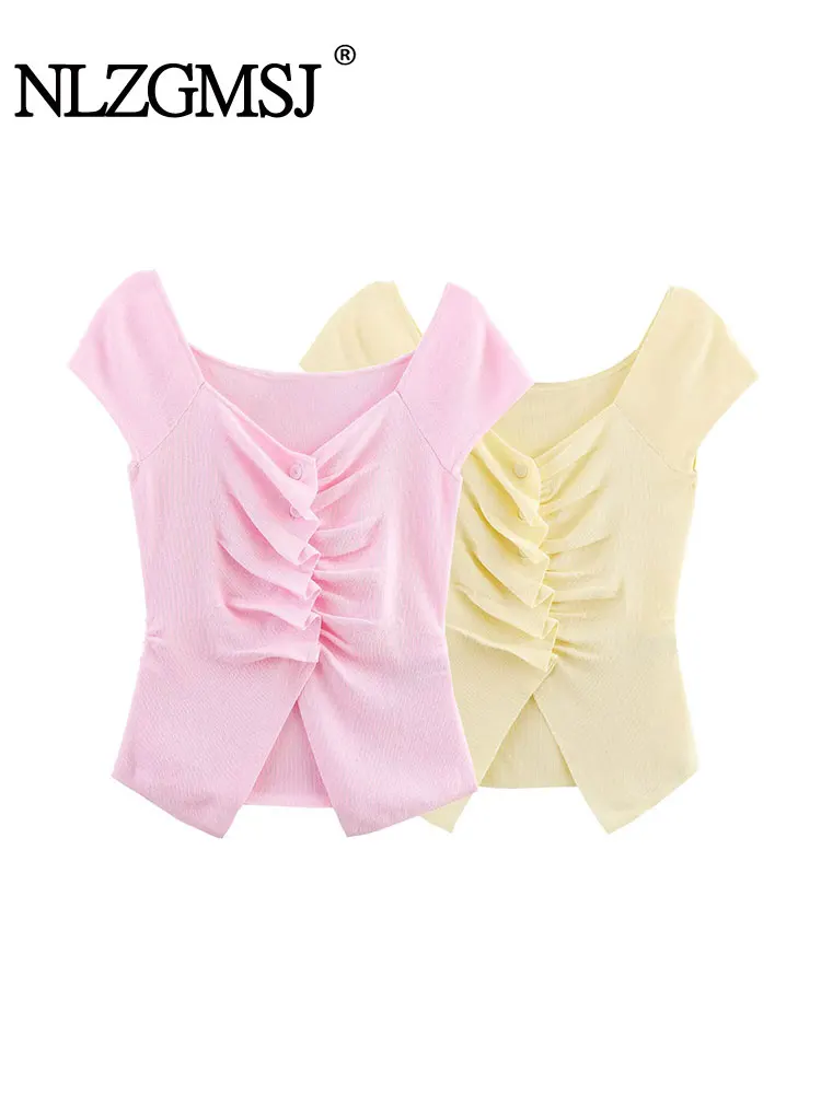 

2025 Summer Casual Pleated Decorative Women Solid O-Neck Single Breasted Short Sleeve Knitted Pullovers Fashion Top