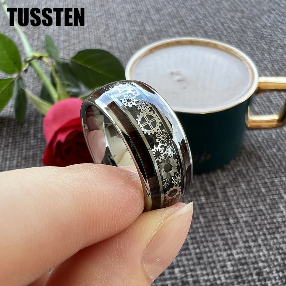 Dropshipping TUSSTEN 10MM Mannen Vrouwen Gear Ring Cool Tungsten Wedding Band Koepelvormige Afwerking Met Hout Inlay Comfort Fit