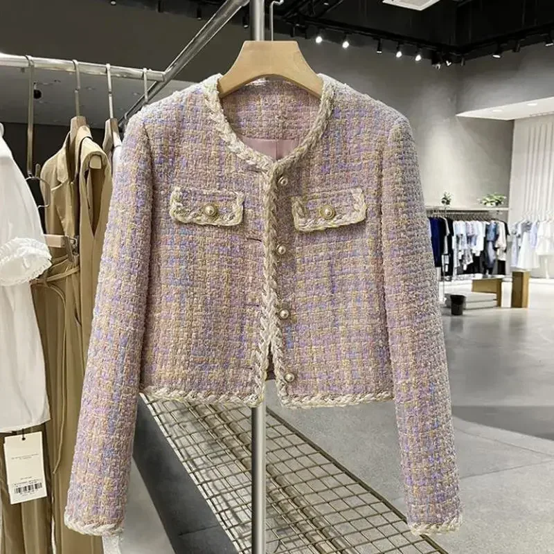 

Women's Jacket Winter Elegant Purple Pink Tweed Style Round Neck Socialite Style Western-style Clothes Suit