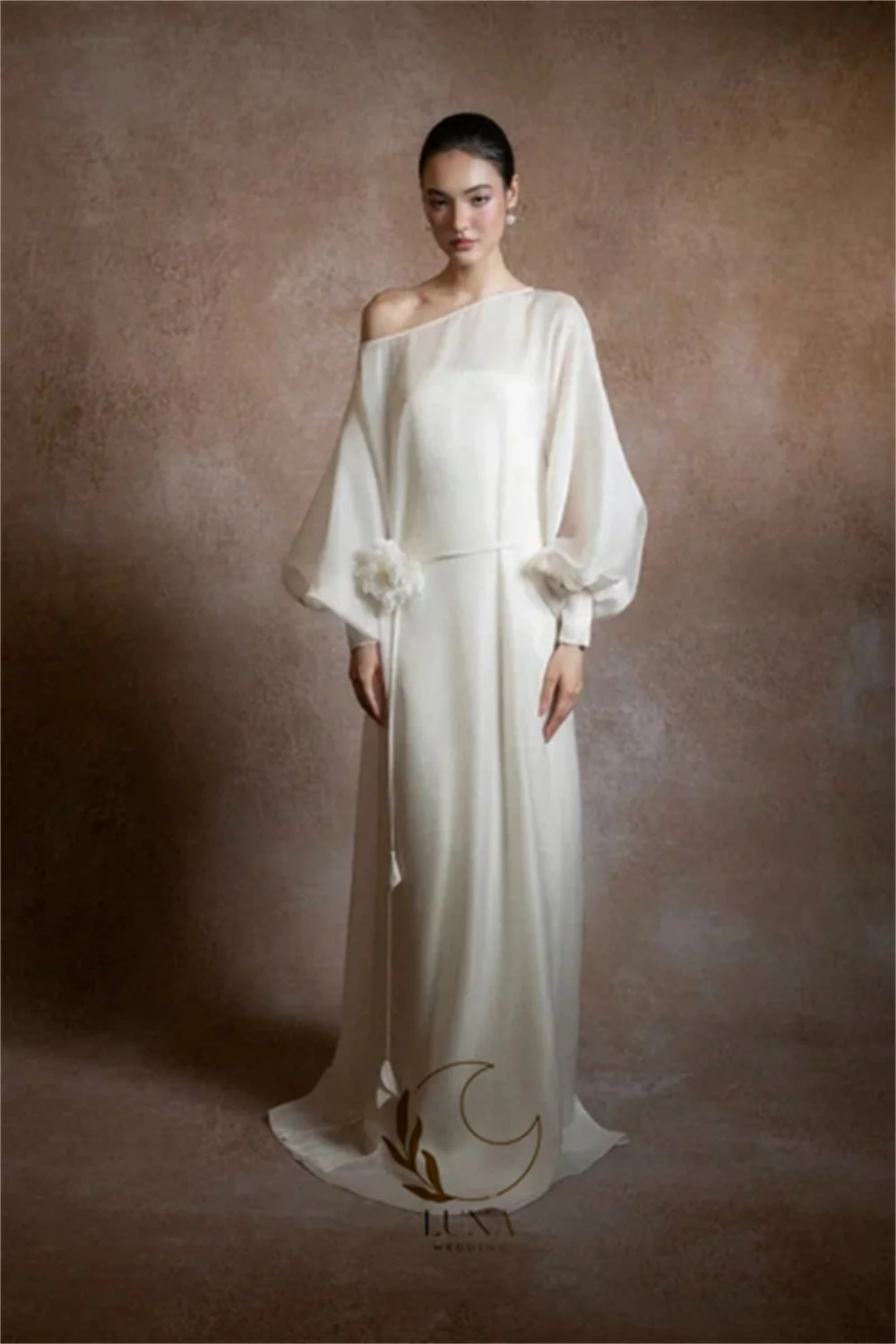 Luna Elegant Minimalist Wedding Dress One‑Shoulder Puff Long Sleeve Floor‑Length Bridal Gown 3D Floral Waist Tie for Women