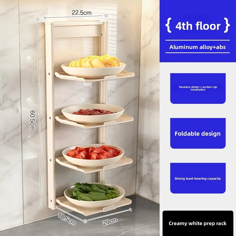 Multilayer Folding Wall Mounted Kitchen Prep Rack No Drill Needed for Hot Pot Ingredients and Bowls