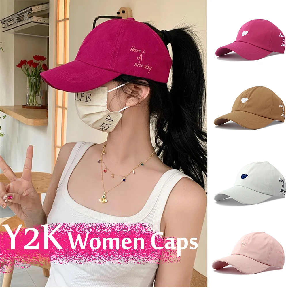 Y2K Fashion Girls Women Baseball Caps Golf High Ponytail Caps Sun Protection Sun Hats Adjustable Rose Red Pink Empty Top Hat Cap