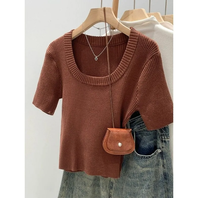 Versatile Simple Solid Color Square Neck Threaded Short-sleeved Knitted T-shirt Women's Summer New Temperament Cropped Top
