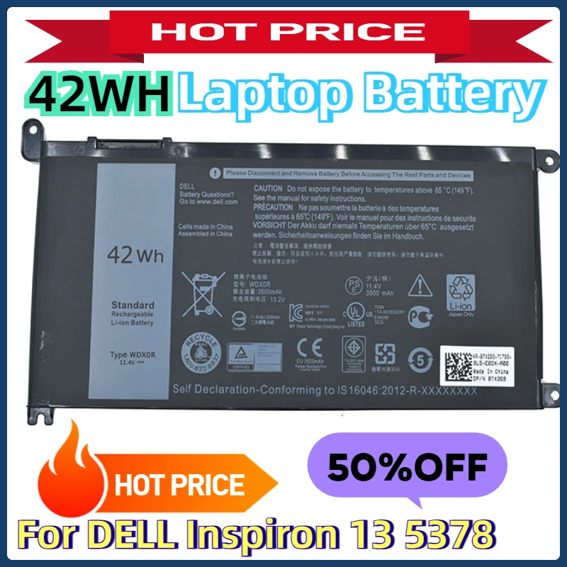 

For DELL Inspiron 13 5378 5379 17 5767 5770 Latitude 3180 3189 3480 3490 Vostro 14 5468 15 5568 WDX0R 42Wh WDXOR Laptop Battery