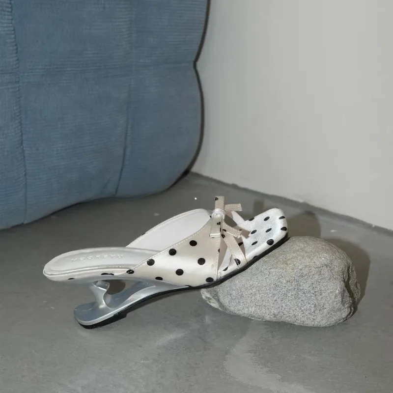 

French Bow Wedge Slippers with Niche Design Sense Women Slip-on Open Toe Summer High Heel Square Toe Sandals