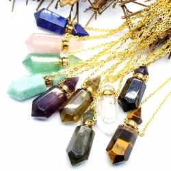 Natural Stone Faceted Prism Perfume Bottle Pendants Necklace Cut Hexagon Points Crystal Essential Oil Diffuser Vial Charms