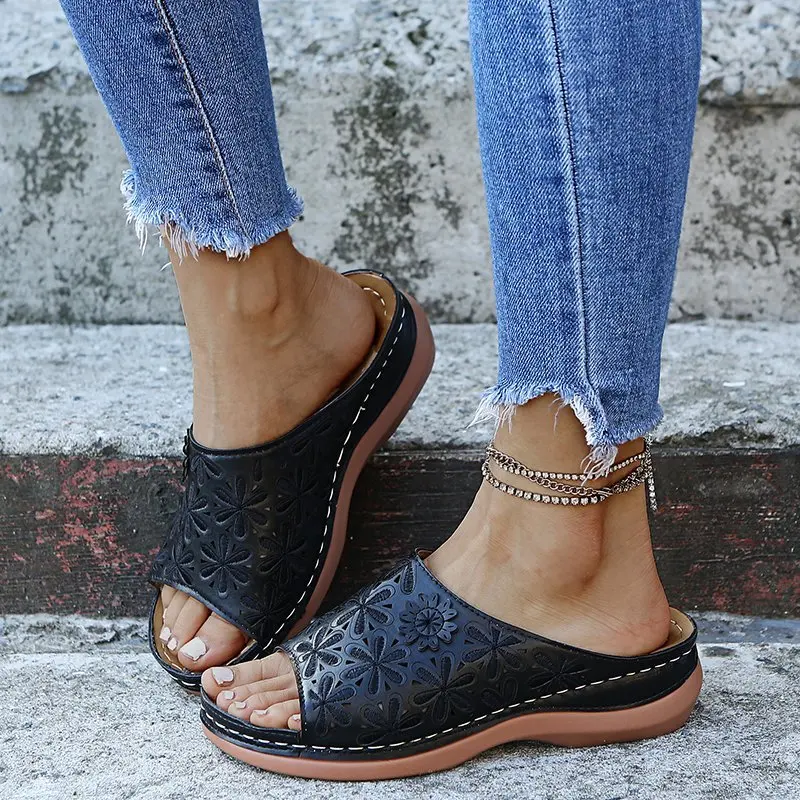 Sandalias de cuña ortopédicas de Punta abierta para mujer, zapatos Retro de plataforma informales de cuero antideslizantes Vintage, Premium, Verano