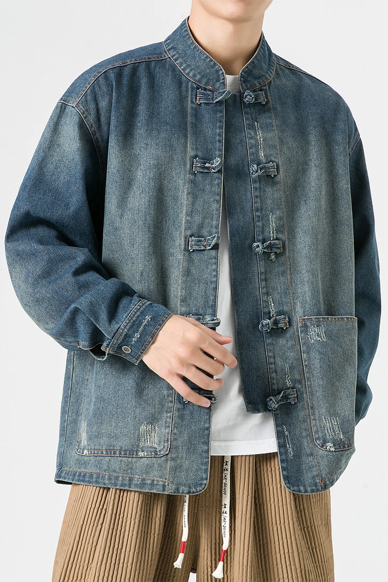 2023 Autumn Mens Chinese Style Tang Suit Washed Denim Top Stand Collar Jacket Denim Jacket Men Casual Cotton Coat Jacket Men