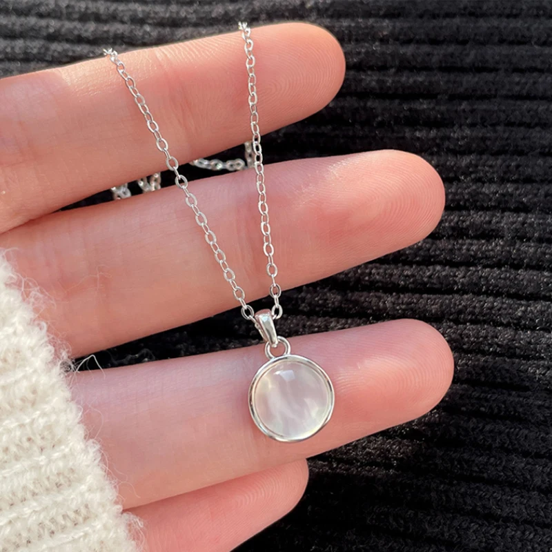 Popular 925 Sterling Silver Minimalist Chalcedony Necklace Geometric Circular White Agate Collarbone Chain Party Jewelry